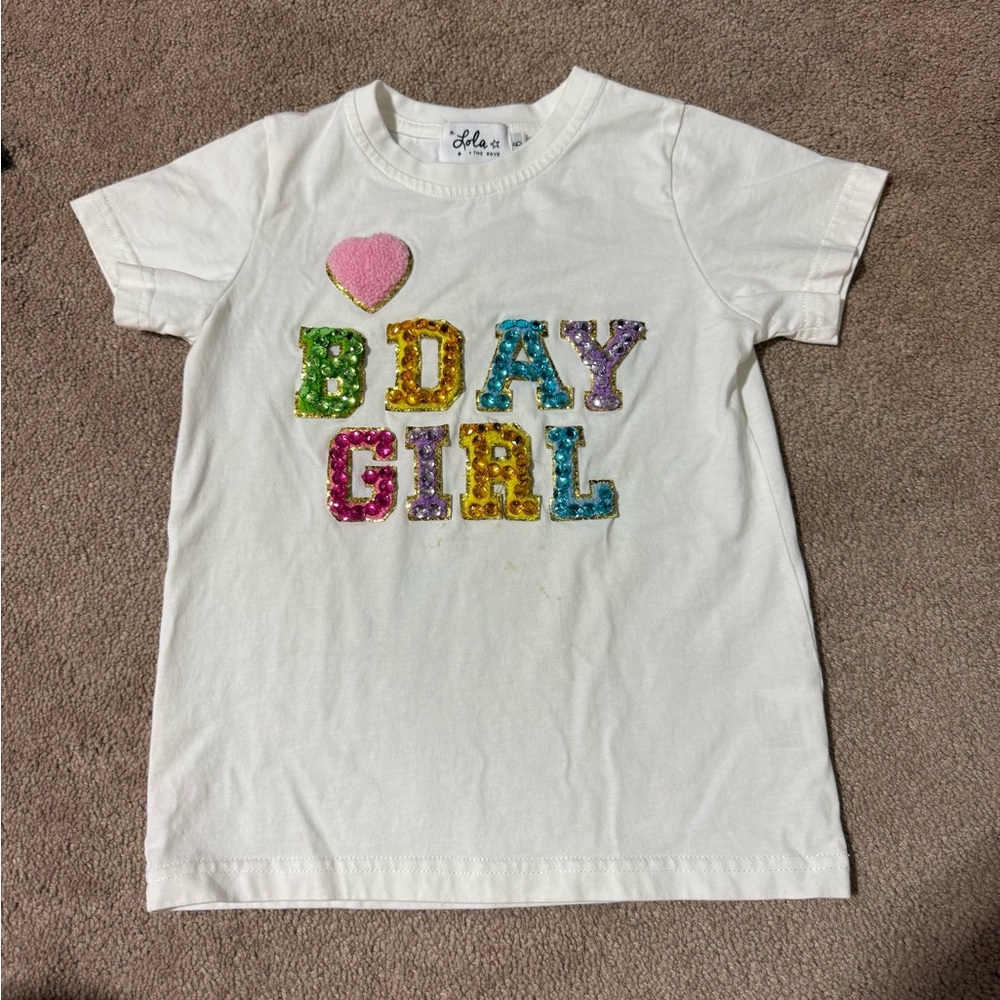 Lola + The Boys White B'Day Girl Sequin Tee size 6 ….. see photo untreated spot